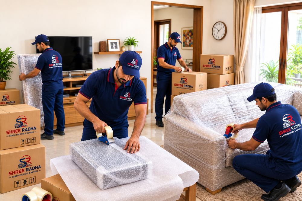 Packers and movers packing boxes for household relocation