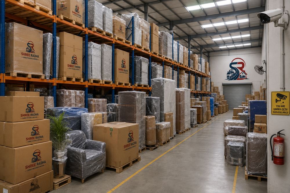 Warehouse with organised storage racks and cartons