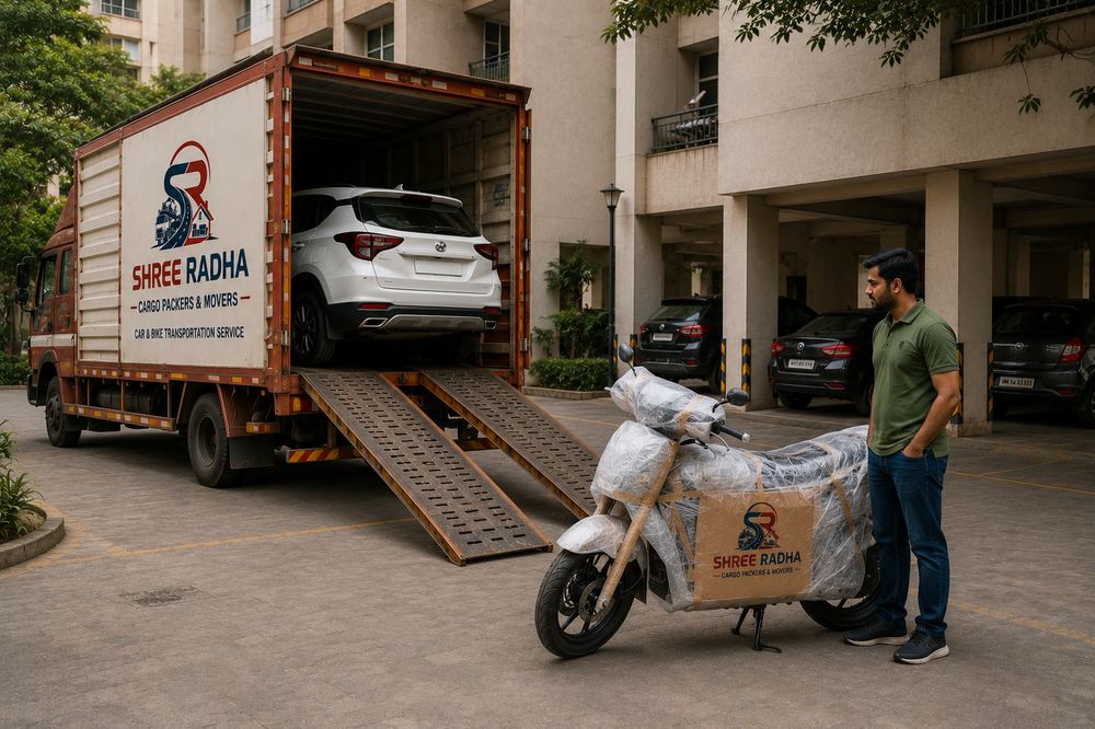 Car secured on a car carrier alongside a packed bike for transportation